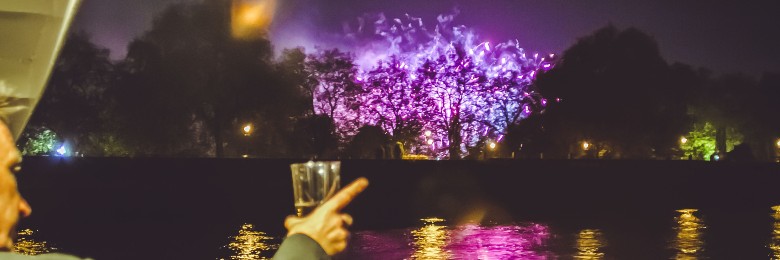 Thames Bonfire Night Cruise in London. View of the fireworks display from the boat.